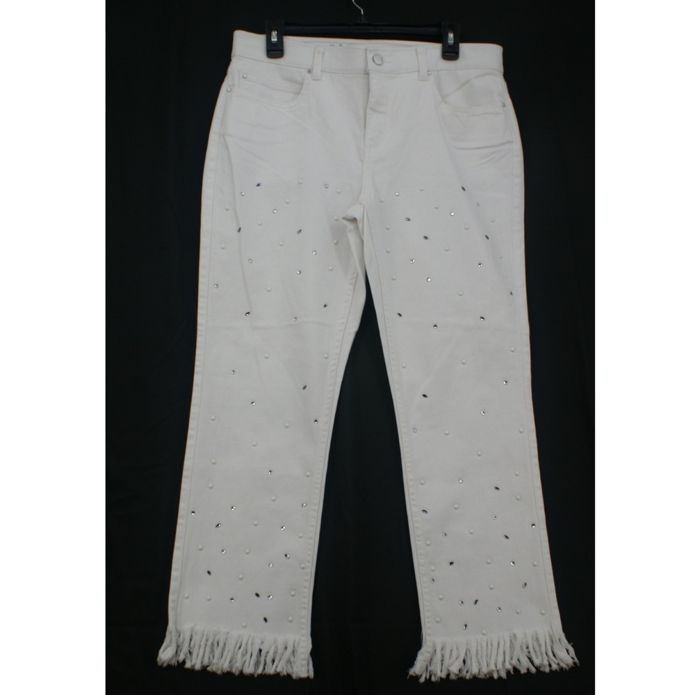 Rafaella Weekend White Embellished Fringe Hem Slimming Jeans Womens 12 Pearl Gem - Picture 10 of 10